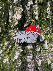Grey Tabby Mushroom Cat Pin